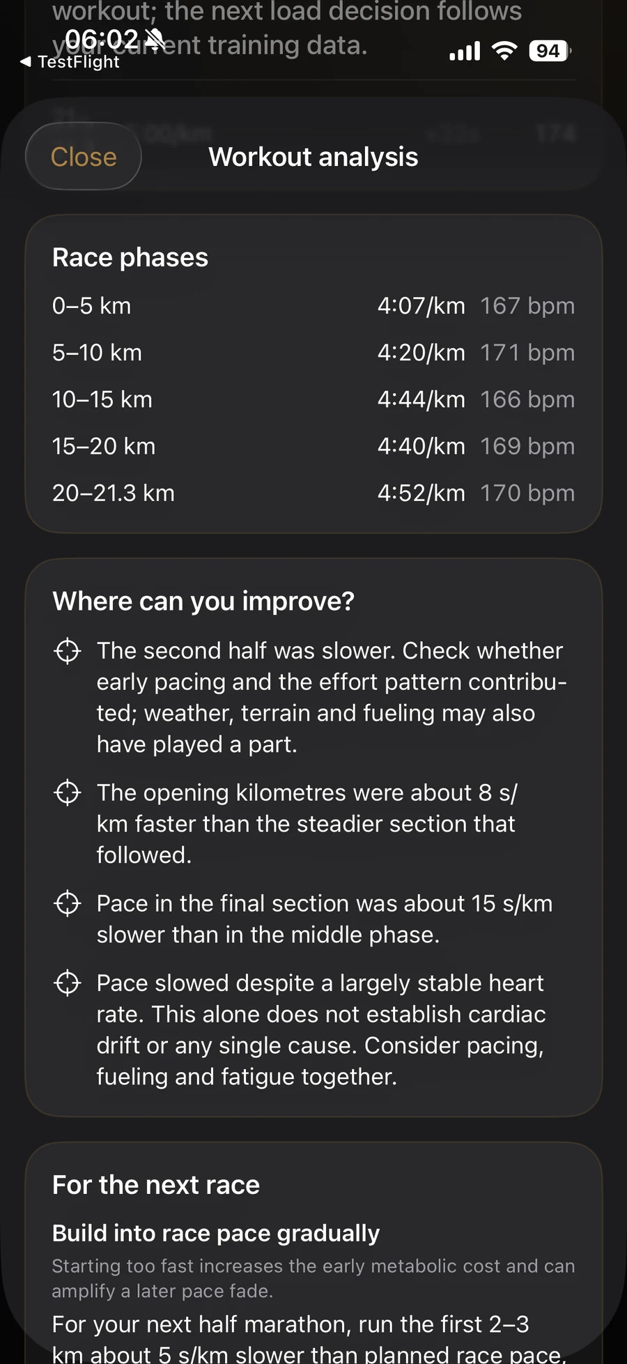 PACE CULTURE TRAIN Race Analysis showing race phases and improvement opportunities
