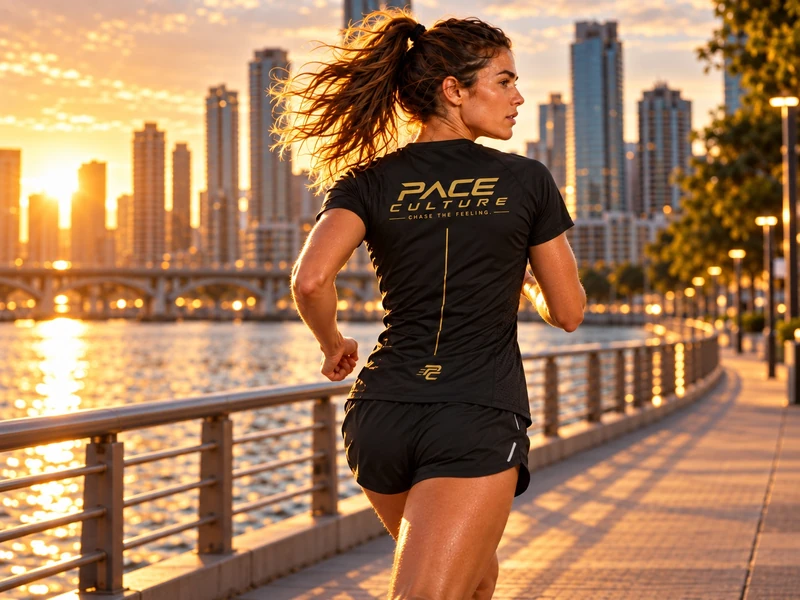 Läuferin im PACE CULTURE Shirt vor urbaner Skyline