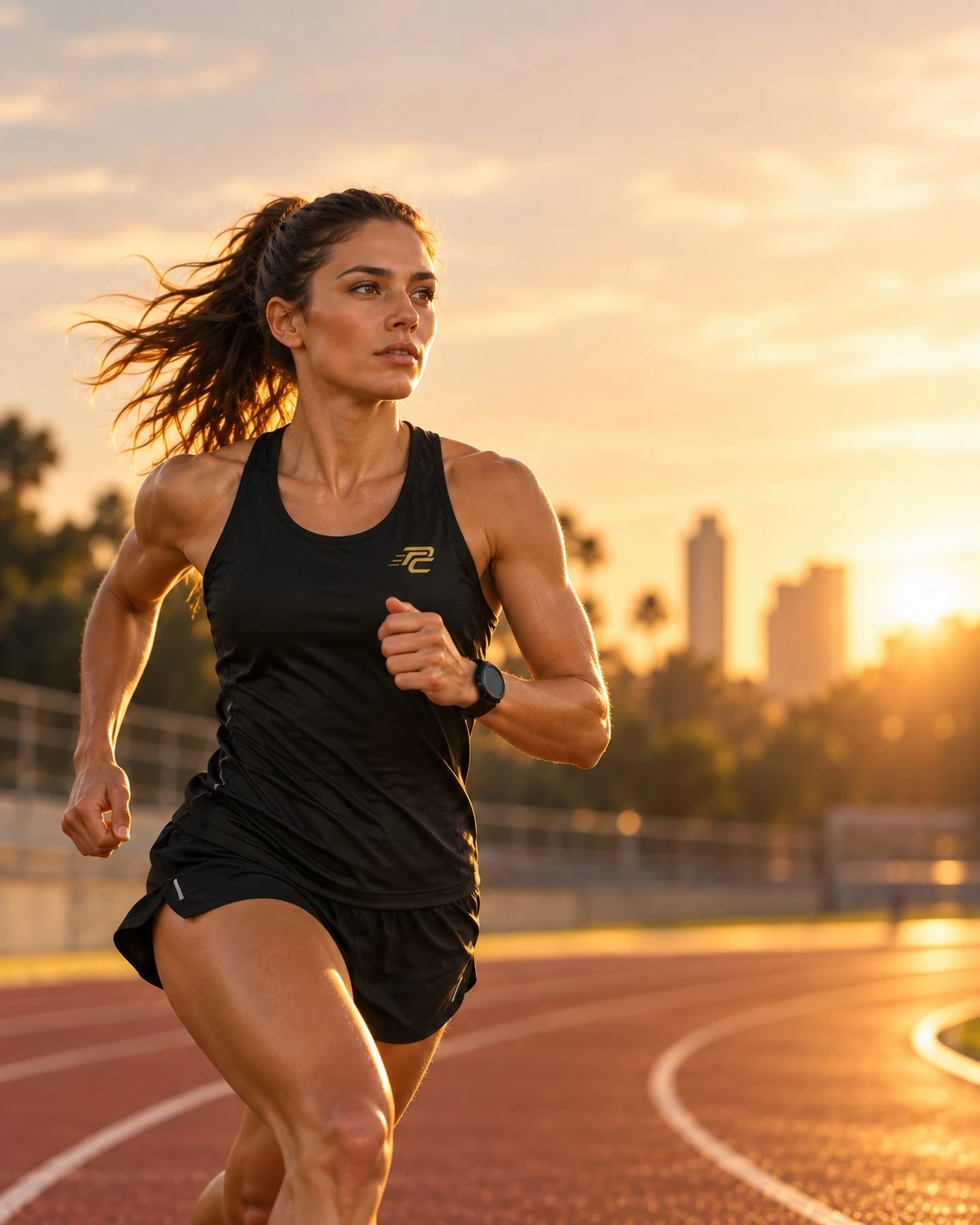 PACE CULTURE Runnerin auf der Laufbahn in der Golden Hour
