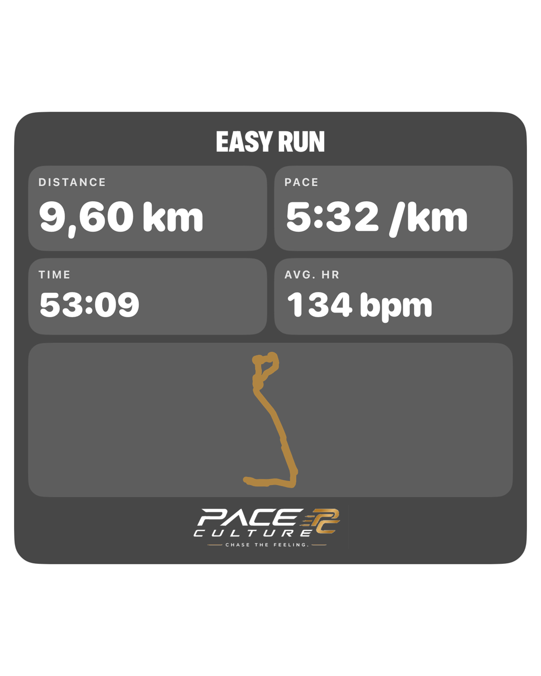 Echter PACE Share Export eines Easy Runs mit Distanz, Pace, Zeit, Herzfrequenz und sichtbarer Laufstrecke