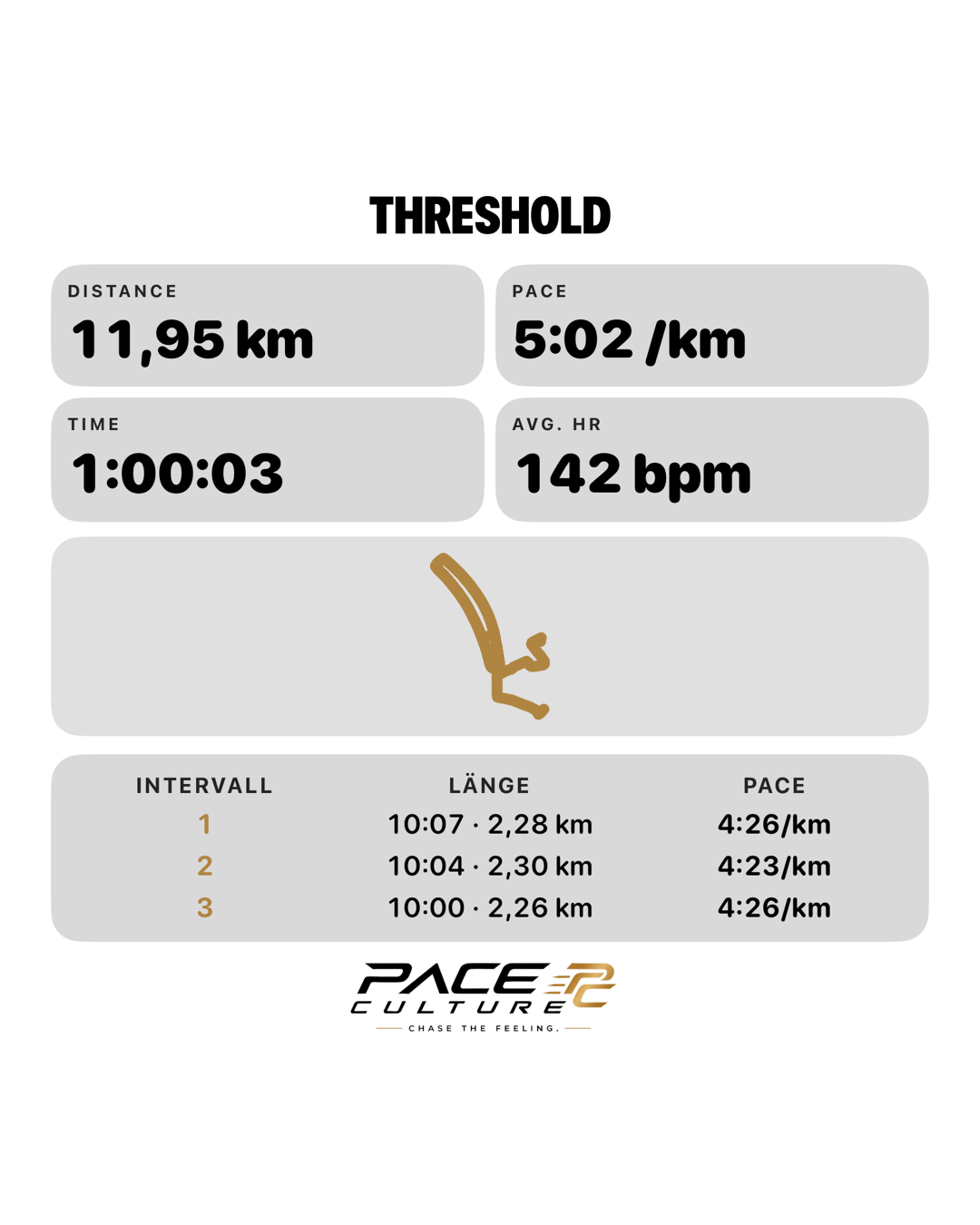 Echter PACE Share Export eines Threshold-Workouts mit Route, Kennzahlen und drei Intervallen